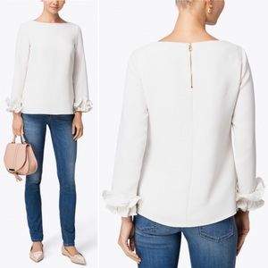 Sail to Sable STS Cream Crepe Top Double Ruffled Sleeve Back Zip Size Large EUC